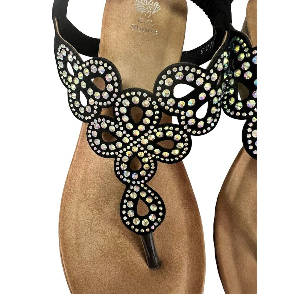 G.C. Shoes Madelyn Wedge Sandals Womens 8.5 Black Rhinestone T-Strap Thong